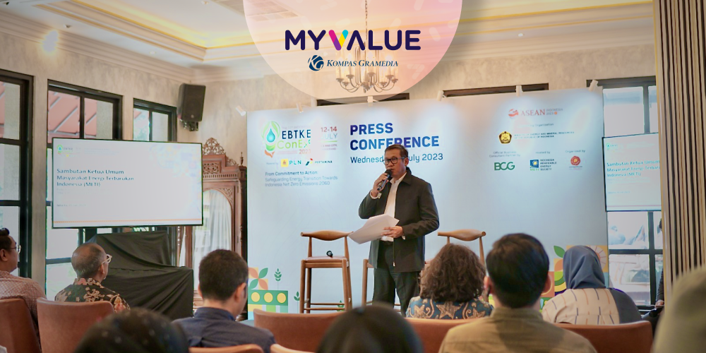 Press ConferenceThe 11th Indonesia EBTKE Conference and Exhibition 2023 di Jakarta dengan Logo MyValue Kompas Gramedia