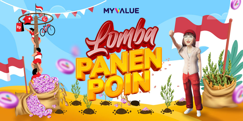 Lomba Panen Poin di aplikasi MyValue dengan gambar Lulu ilustrasi perempuan sedang memegang bendera